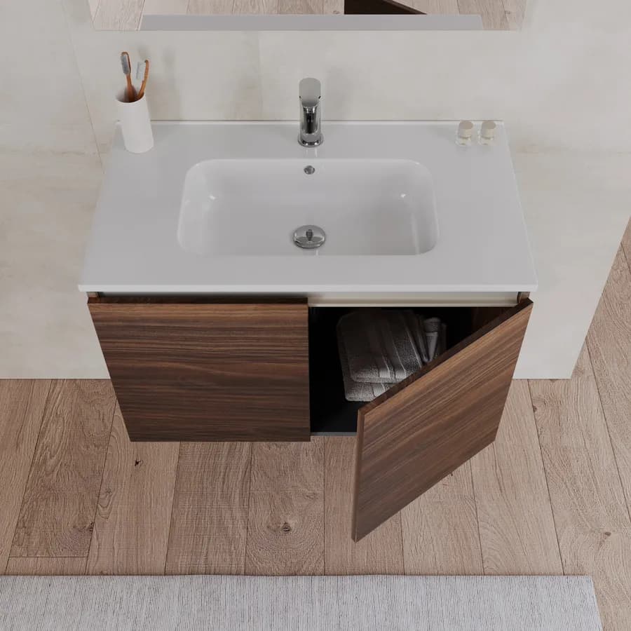 Bagno completo con mobile sospeso 80 cm rovere deciso 2 ante con specchio sanitari e miscelatori - Davis