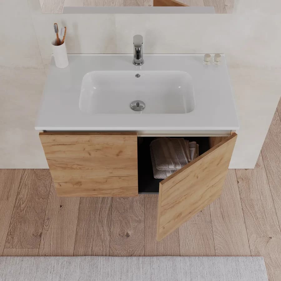 Bagno completo con mobile sospeso 80 cm rovere gold 2 ante con specchio sanitari e miscelatori - Davis