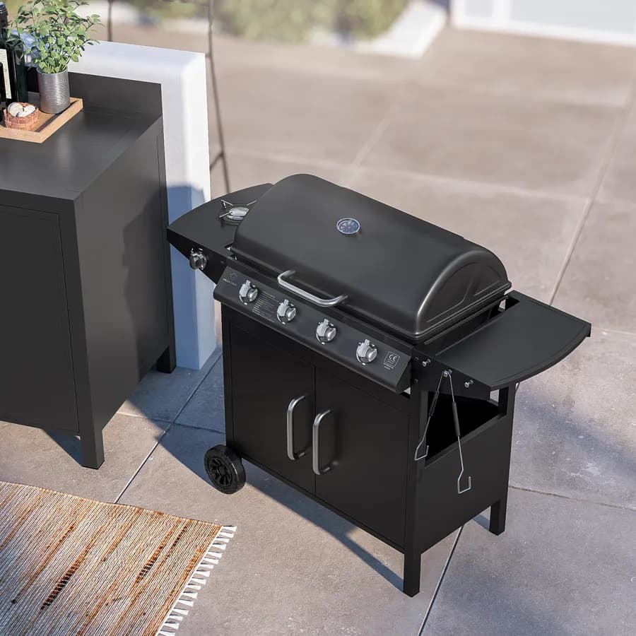Barbecue a gas 4 fuochi 122x53x97h cm in acciaio antracite con ruote e griglia - Poseidone