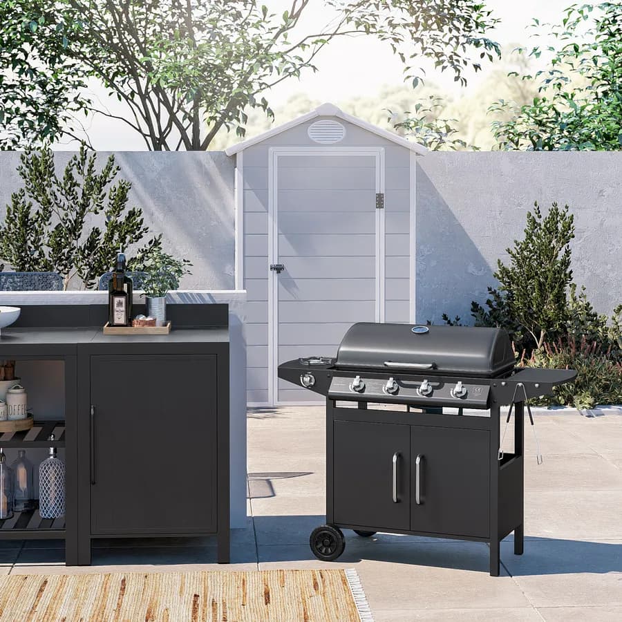 Barbecue a gas 4 fuochi 122x53x97h cm in acciaio antracite con ruote e griglia - Poseidone