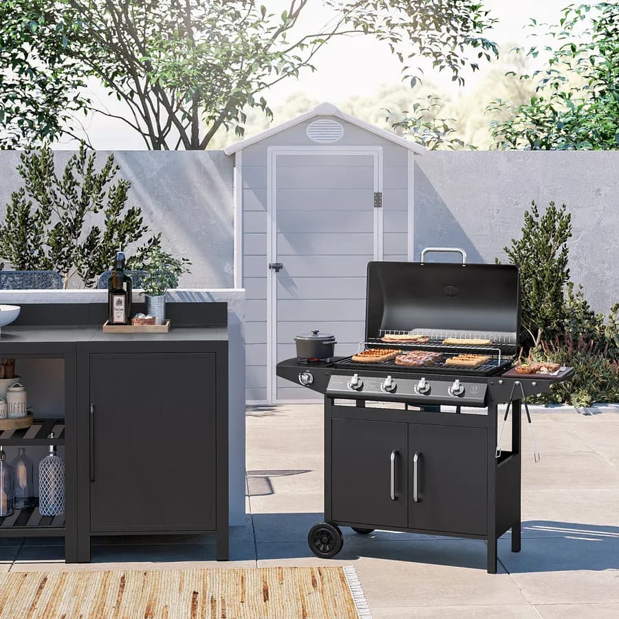 Barbecue a gas 4 fuochi 122x53x97h cm in acciaio antracite con ruote e griglia - Poseidone