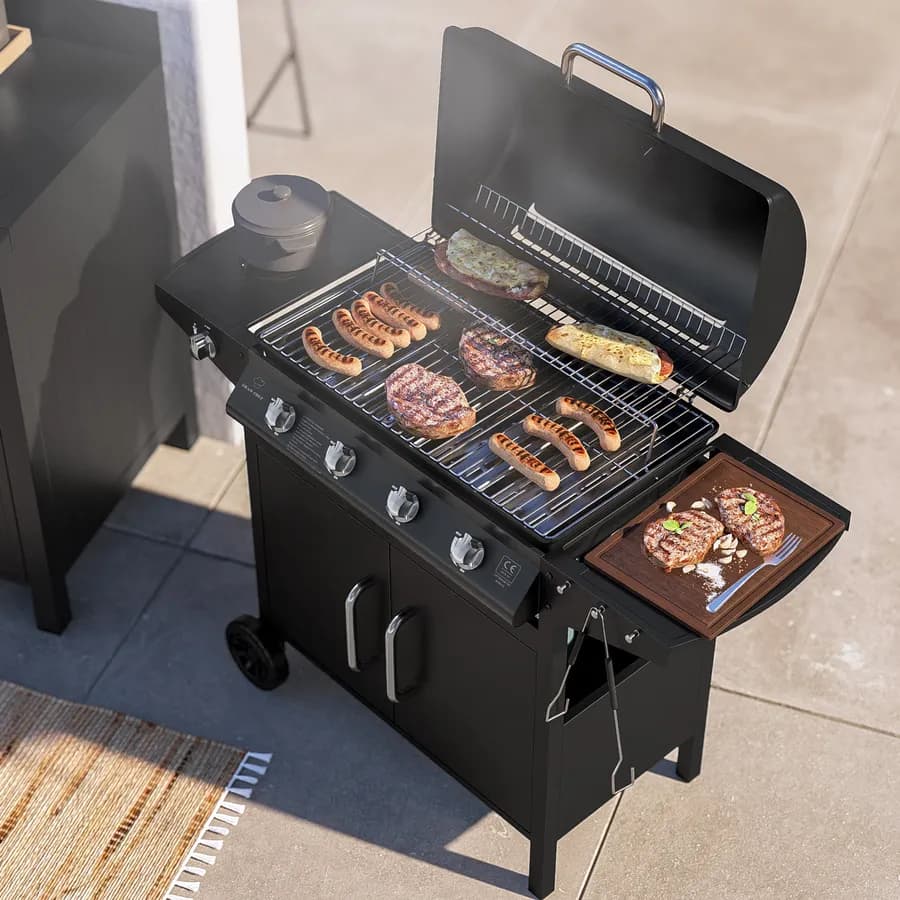 Barbecue a gas 4 fuochi 122x53x97h cm in acciaio antracite con ruote e griglia - Poseidone