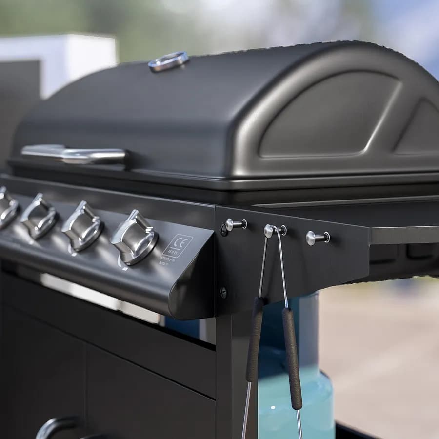 Barbecue a gas 4 fuochi 122x53x97h cm in acciaio antracite con ruote e griglia - Poseidone