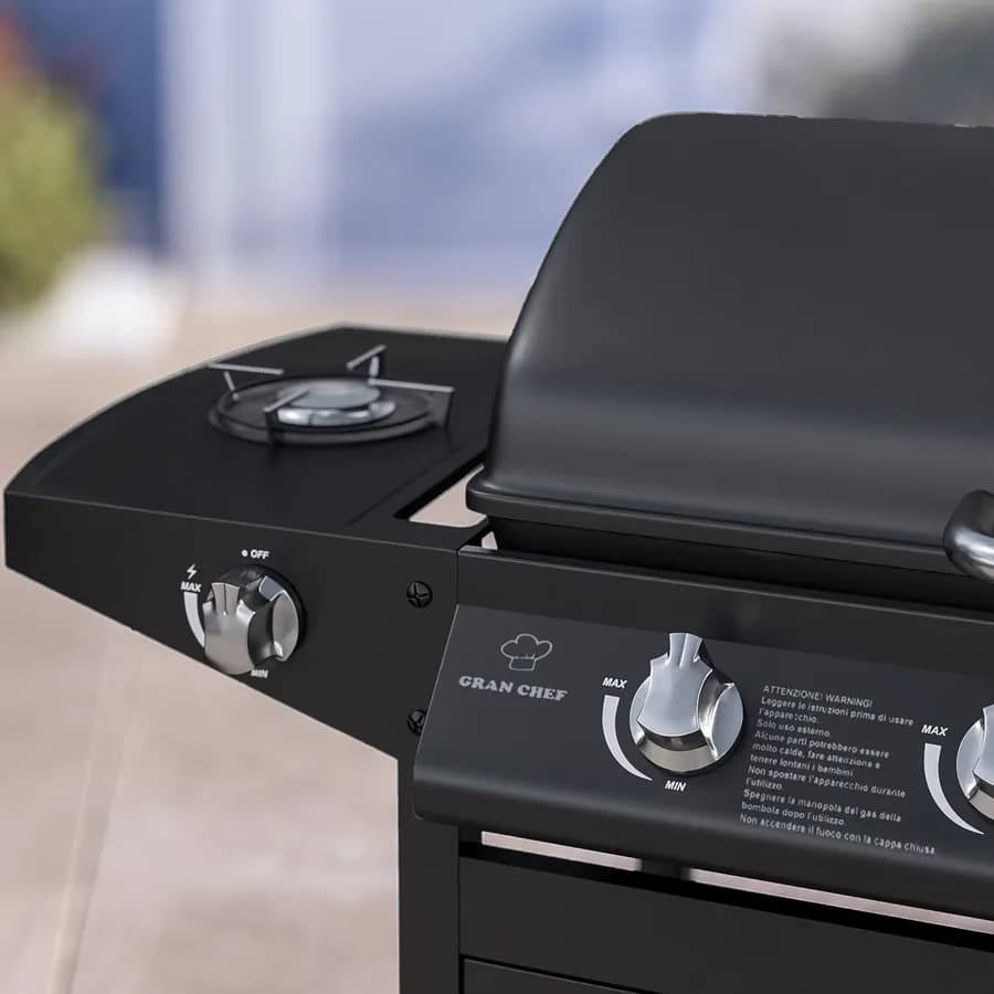 Barbecue a gas 4 fuochi 122x53x97h cm in acciaio antracite con ruote e griglia - Poseidone