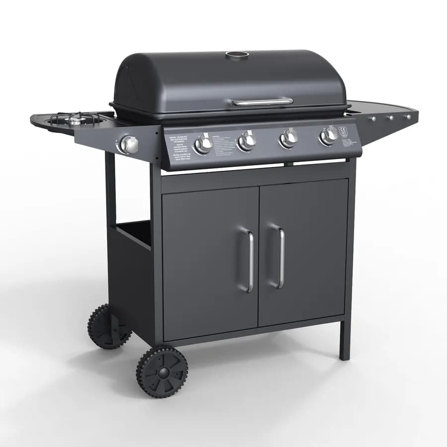 Barbecue a gas 4 fuochi 122x53x97h cm in acciaio antracite con ruote e griglia - Poseidone