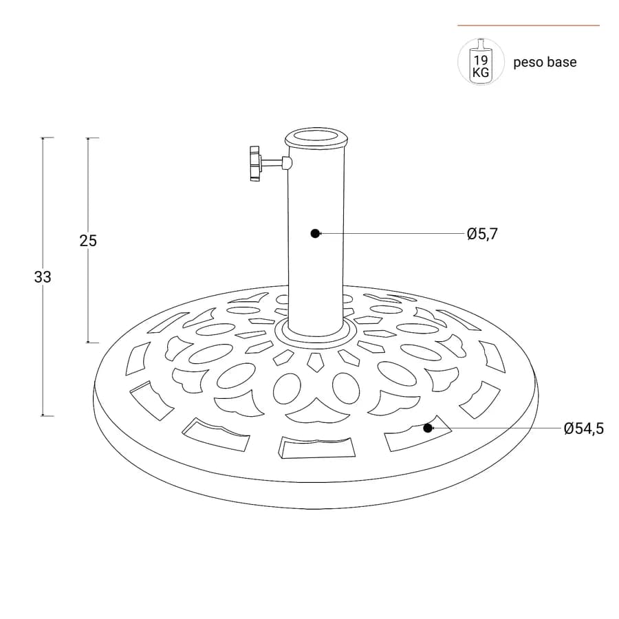 Base rotonda 54 cm per ombrellone con palo centrale in resina nero da 19 kg