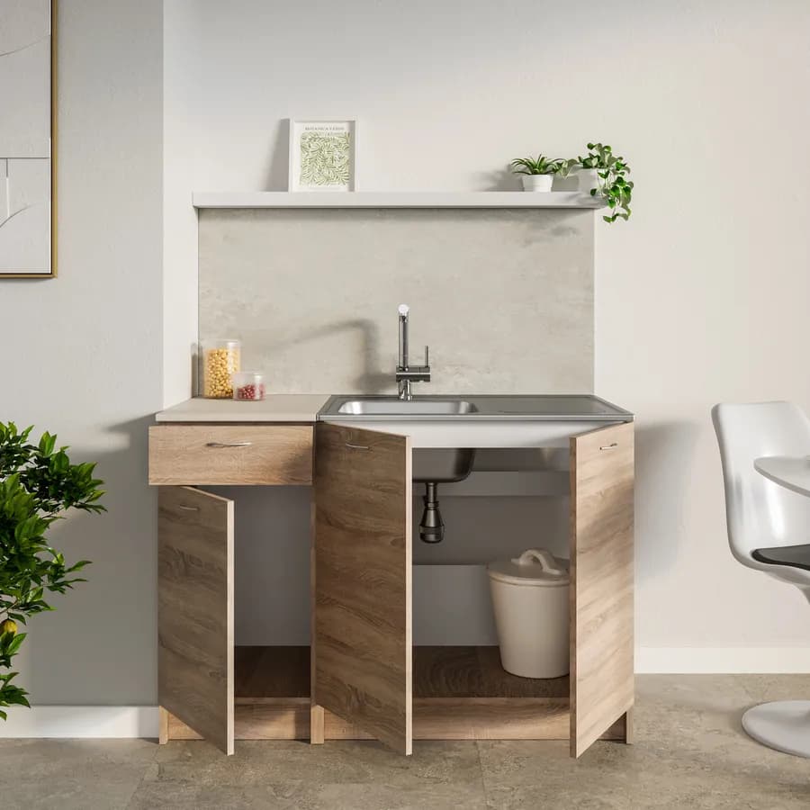 Base sottolavello 120 cm reversibile 120 cm rovere sonoma e top beige con 3 ante e 1 cassetto - Sorbona