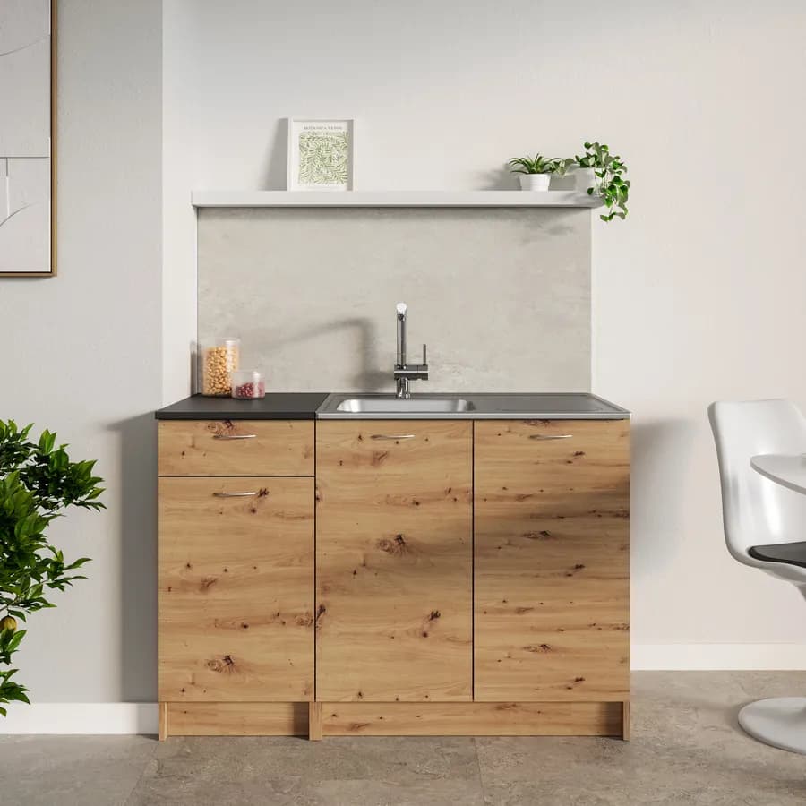 Base sottolavello 120 cm reversibile rovere rustico e top nero con 3 ante e 1 cassetto - Sorbona