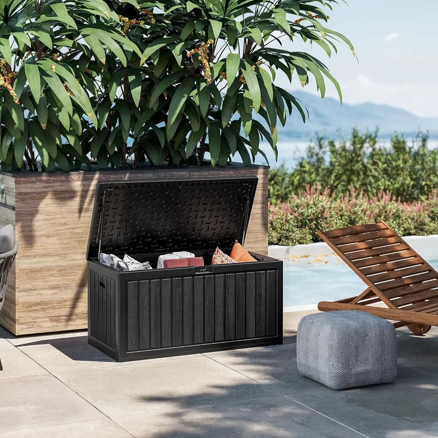 Baule contenitore da esterno 113x58x58h cm in resina nero effetto legno - Thago