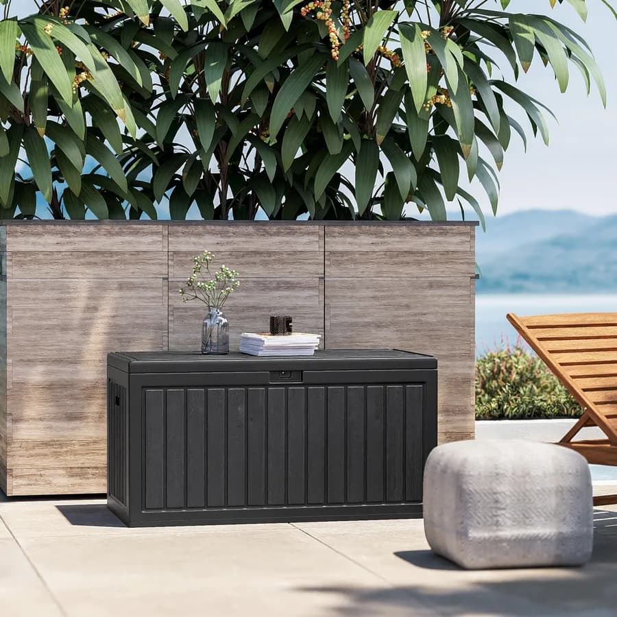 Baule contenitore da esterno 113x58x58h cm in resina nero effetto legno - Thago