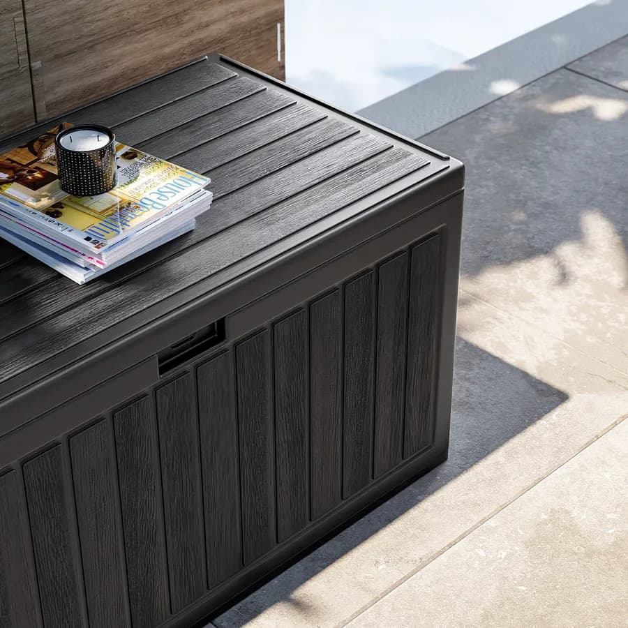 Baule contenitore da esterno 113x58x58h cm in resina nero effetto legno - Thago