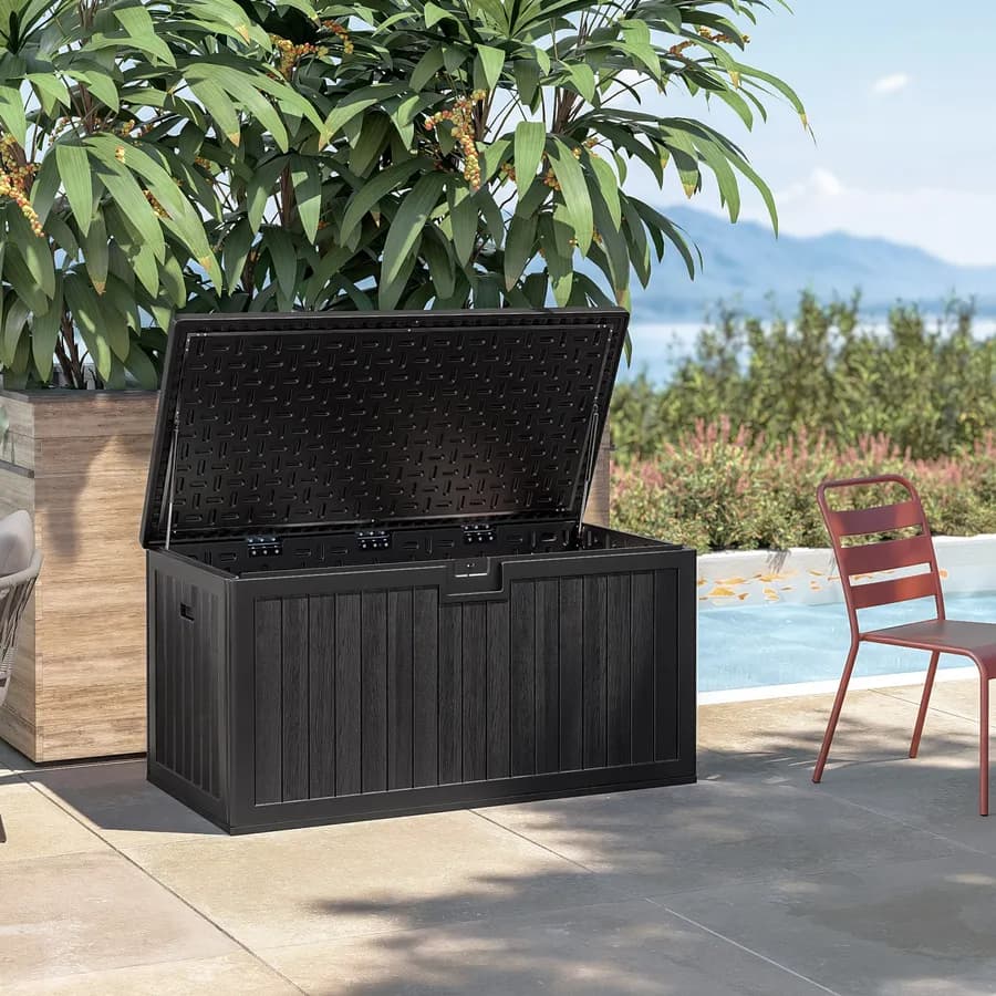 Baule contenitore da esterno 140x72x72h cm in resina nero effetto legno - Thago