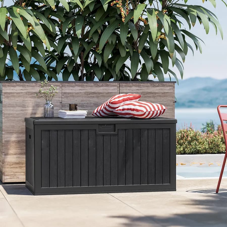 Baule contenitore da esterno 140x72x72h cm in resina nero effetto legno - Thago
