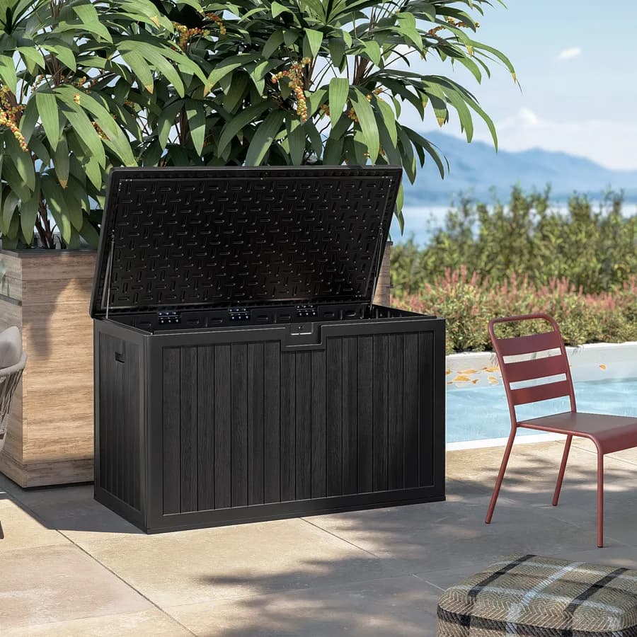 Baule contenitore da esterno 140x72x86h cm in resina nero effetto legno - Thago