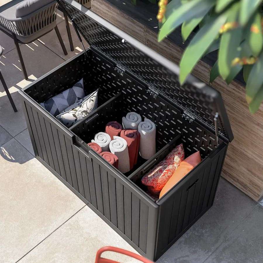 Baule contenitore da esterno 140x72x86h cm in resina nero effetto legno - Thago