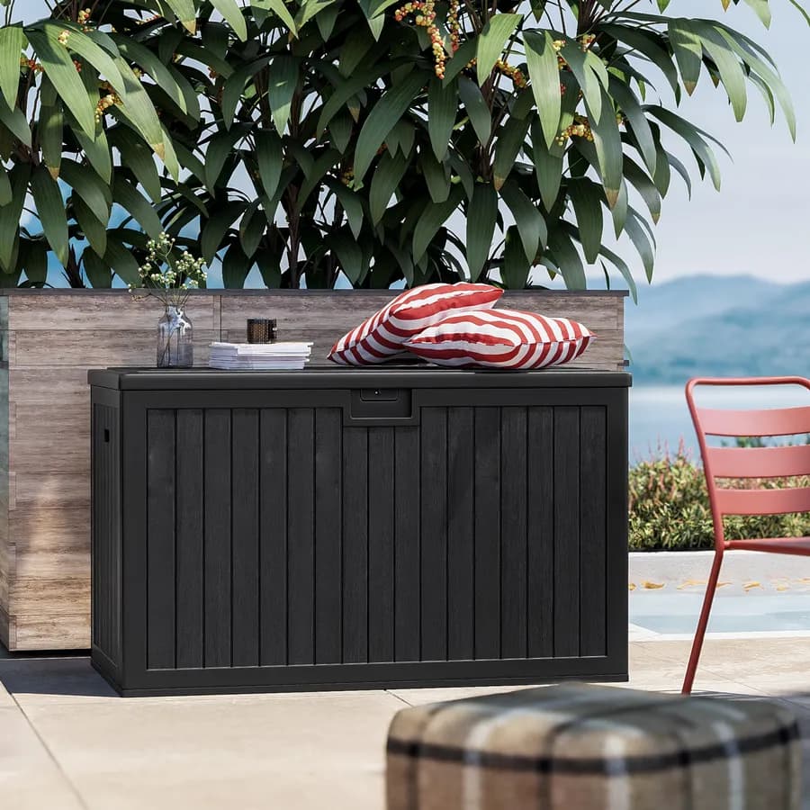 Baule contenitore da esterno 140x72x86h cm in resina nero effetto legno - Thago