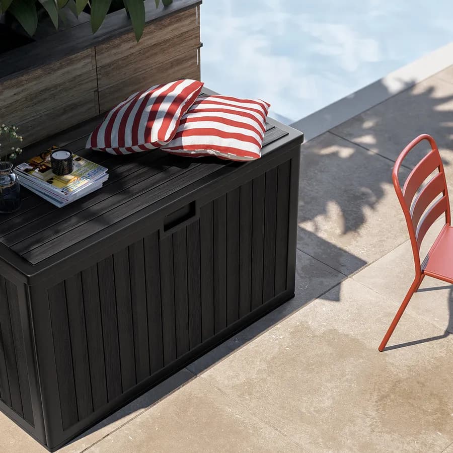 Baule contenitore da esterno 140x72x86h cm in resina nero effetto legno - Thago