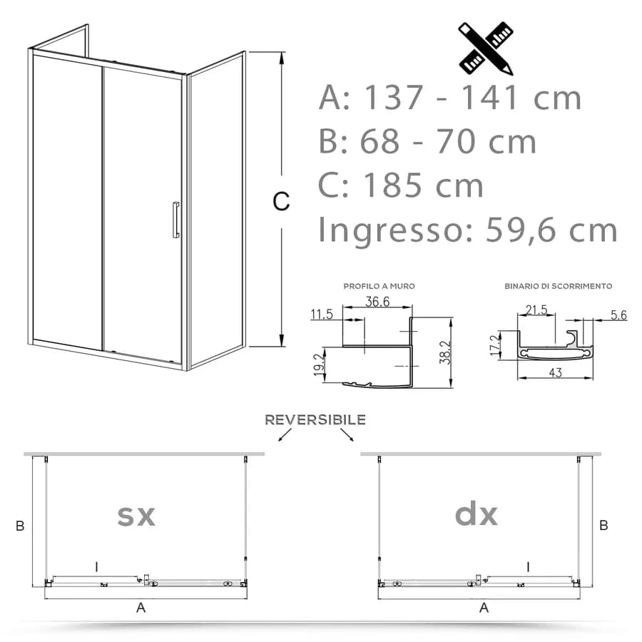 Box 3 lati 70x140x70 cm scorrevole vetro temperato 6mm stampato 185h - Young