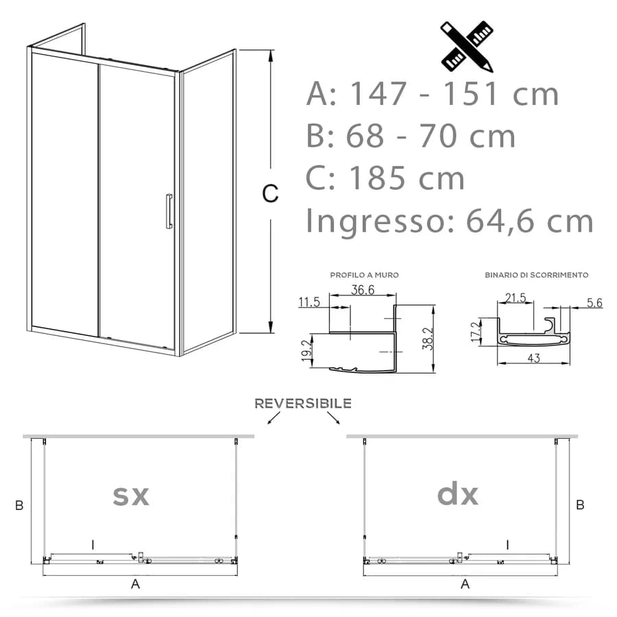 Box 3 lati 70x150x70 cm scorrevole vetro temperato 6mm stampato 185h - Young