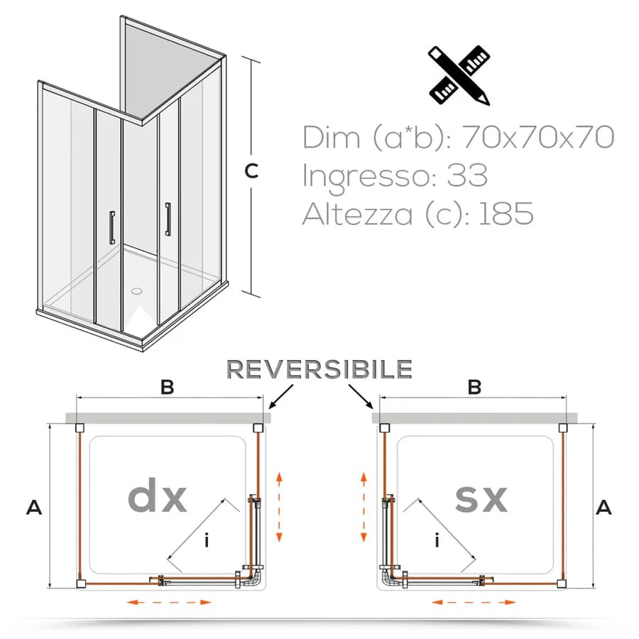 Box 3 lati 70x70x70 cm doppio scorrevole vetro temperato 6mm stampato 185h - Young