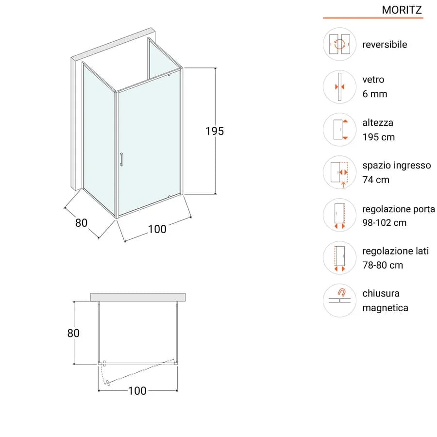 Box 3 lati 80x100x80 cm battente vetro opaco profilo cromo 195h - Moritz