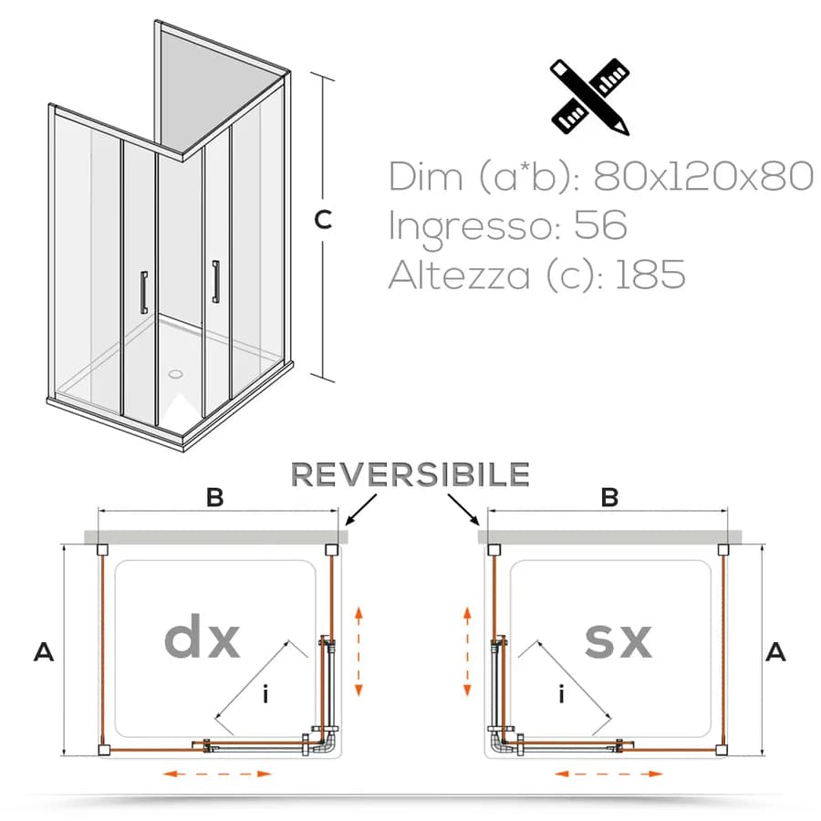 Box 3 lati 80x120x80 cm doppio scorrevole vetro temperato 6mm trasparente 185h - Young