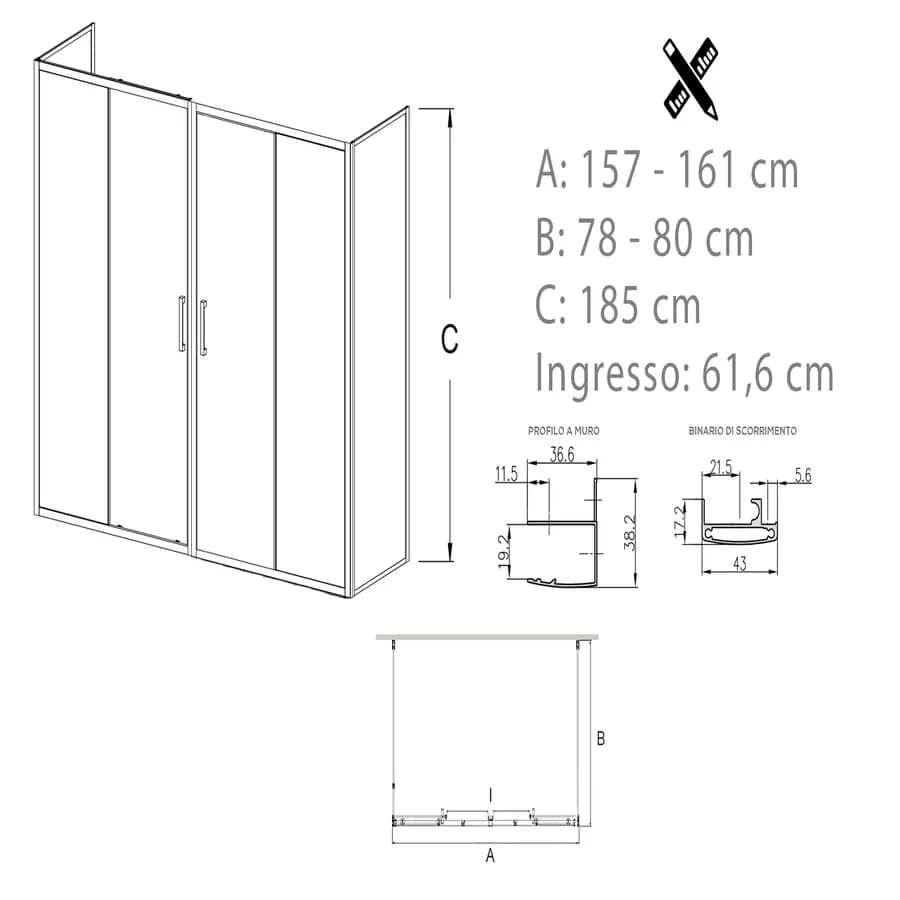 Box 3 lati 80x160x80 cm doppio scorrevole vetro temperato 6mm trasparente 185h - Young