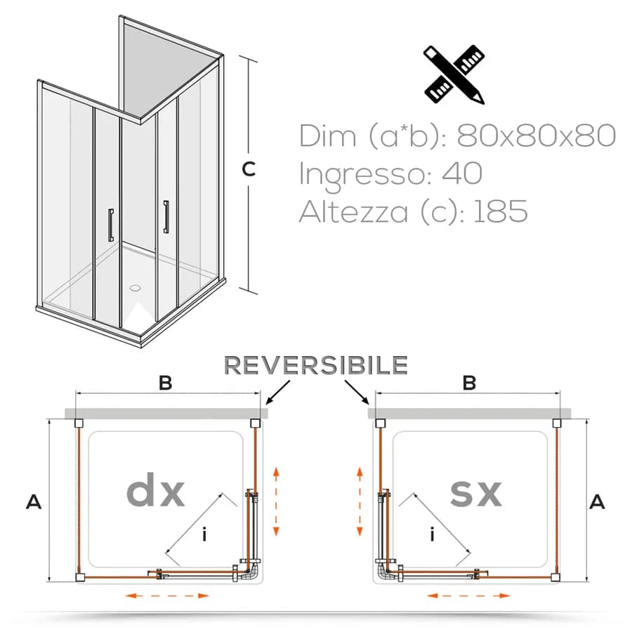 Box 3 lati 80x80x80 cm doppio scorrevole vetro temperato 6mm stampato 185h - Young