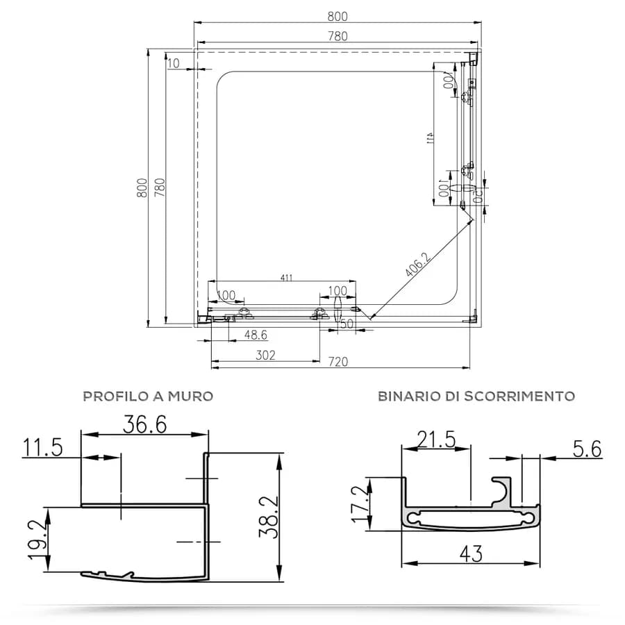 Box 3 lati 80x80x80 cm doppio scorrevole vetro temperato 6mm stampato 185h - Young