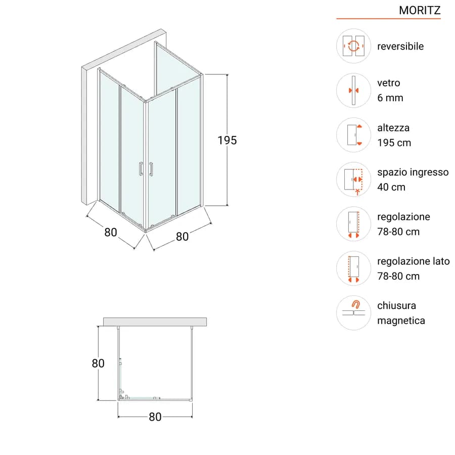 Box 3 lati 80x80x80 cm doppio scorrevole vetro opaco profilo cromo 195h - Moritz
