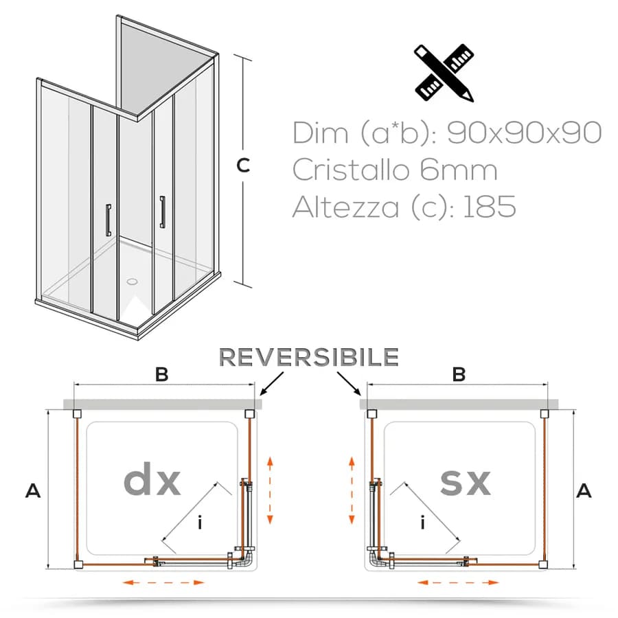 Box 3 lati 90x90x90 cm doppio scorrevole vetro temperato 6mm trasparente 185h - Young