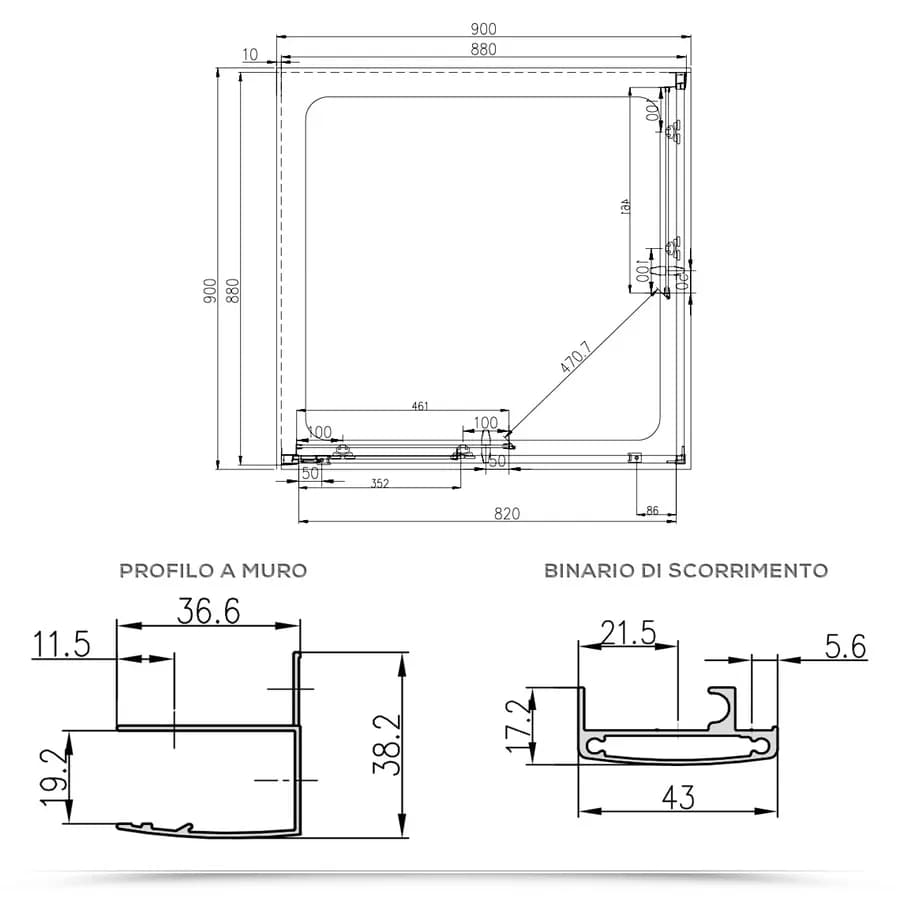 Box 3 lati 90x90x90 cm doppio scorrevole vetro temperato 6mm trasparente 185h - Young