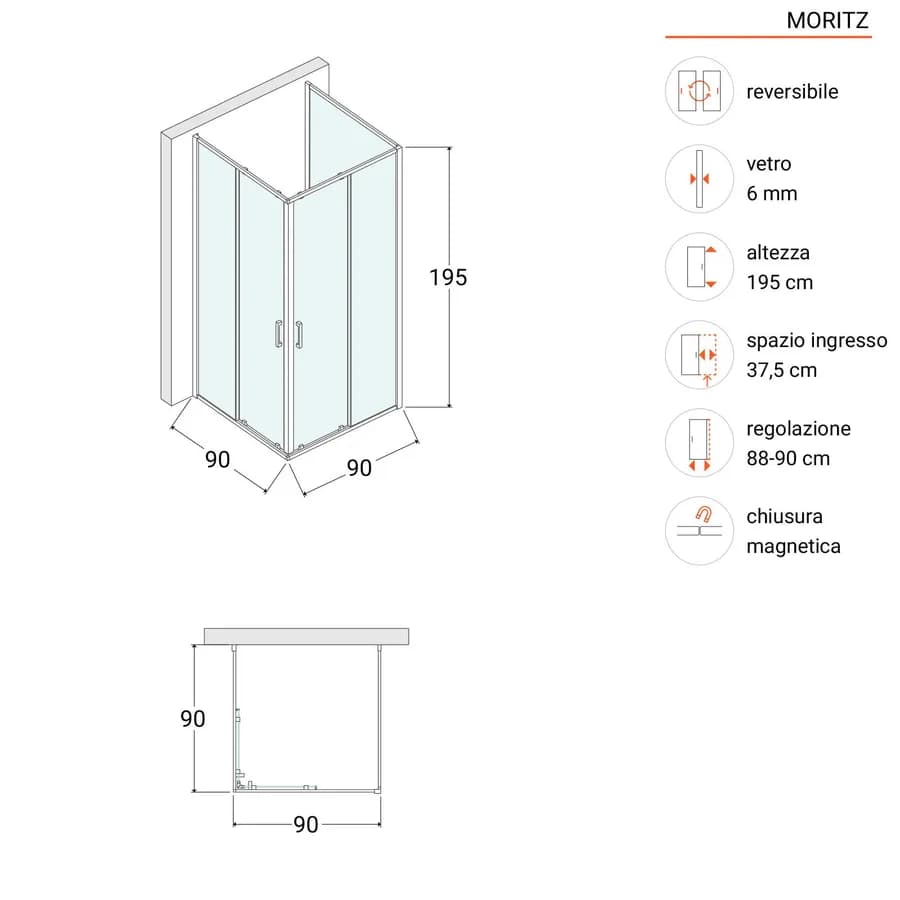 Box 3 lati 90x90x90 cm doppio scorrevole vetro trasparente anticalcare profilo cromo 195h - Moritz