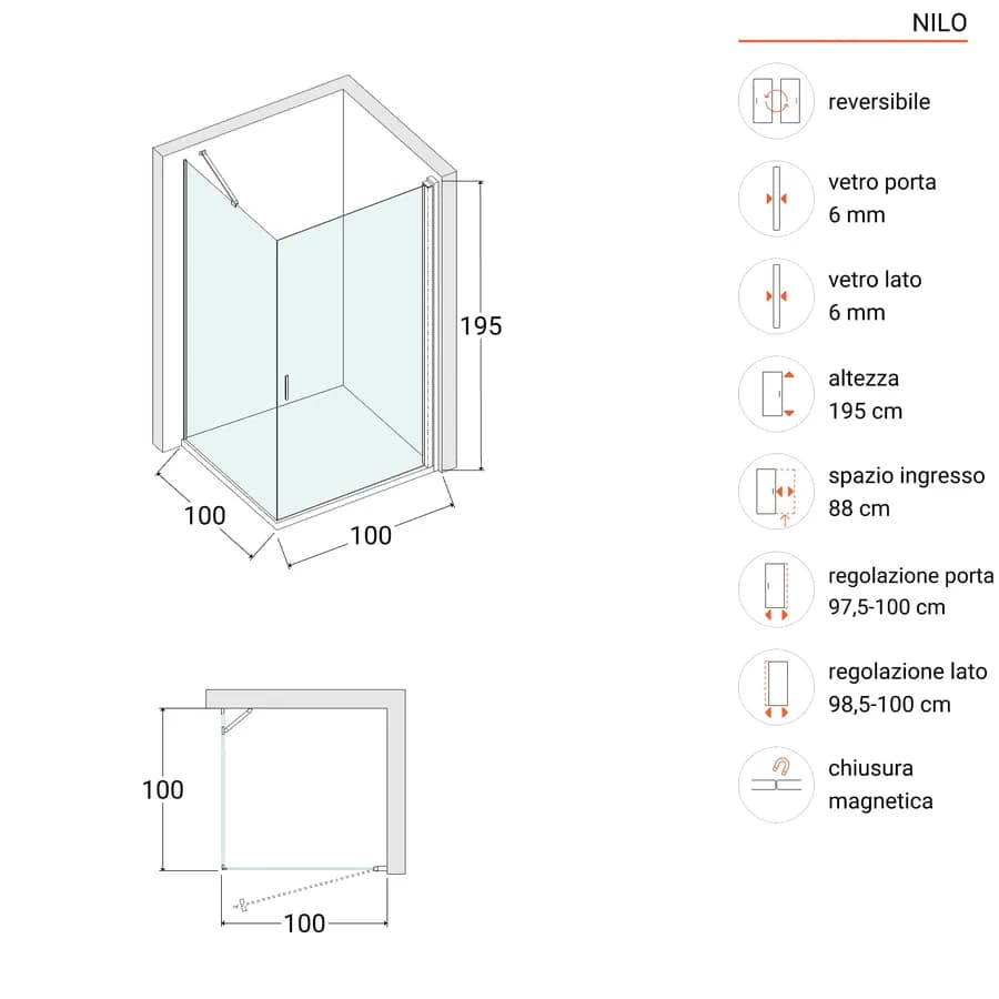 Box doccia 100X100 cm battente 100 cm con vetro temperato bronzato e profilo nero 195h - Nilo