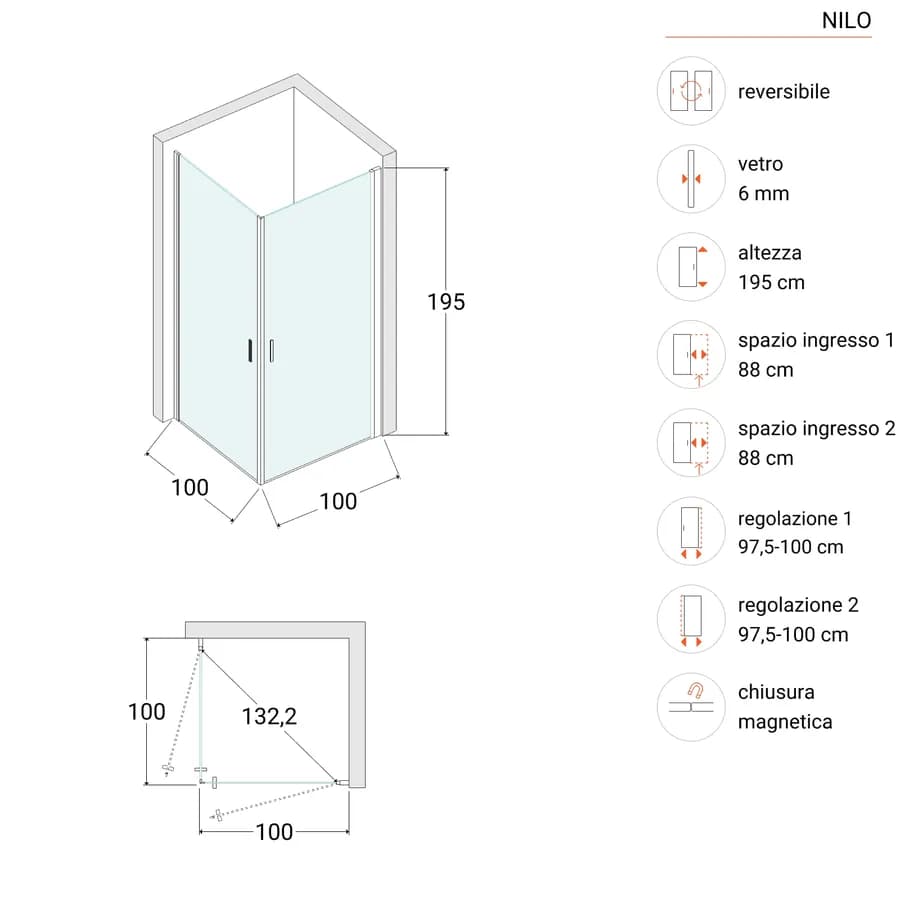 Box doccia 100x100 cm doppio battente con vetro temperato trasparente e profilo cromo 195h - Nilo