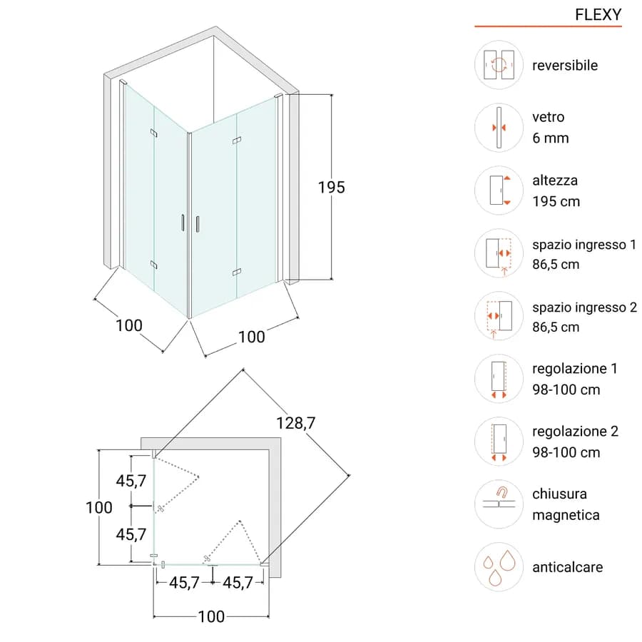 Box doccia 100x100 cm doppio soffietto vetro anticalcare fumè e profilo nero opaco 195h - Flexy