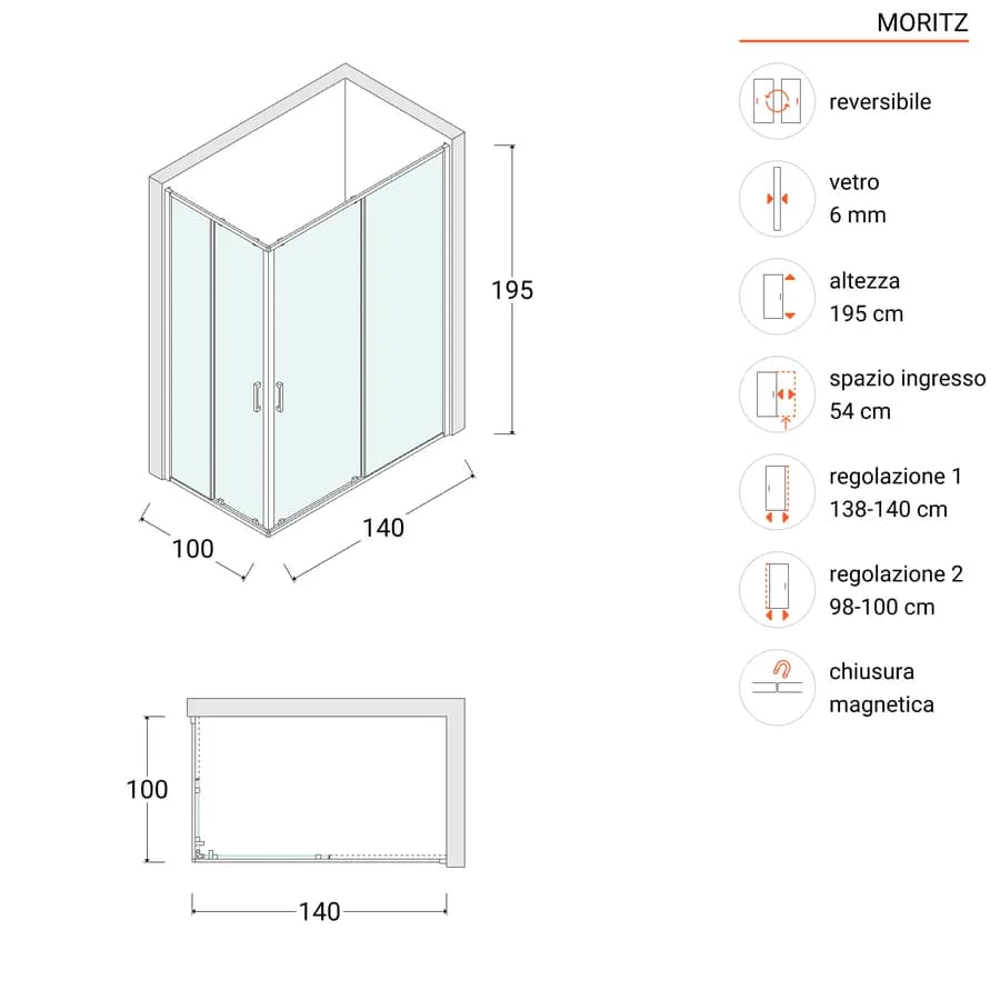 Box doccia 100x140 cm angolare scorrevole vetro opaco profilo cromo 195h - Moritz