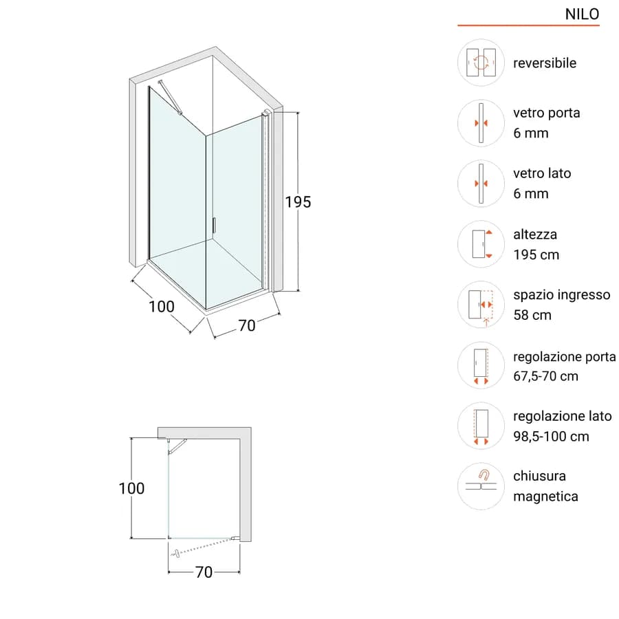 Box doccia 100x70 cm battente 70 cm con vetro temperato bronzato e profilo cromo 195h - Nilo