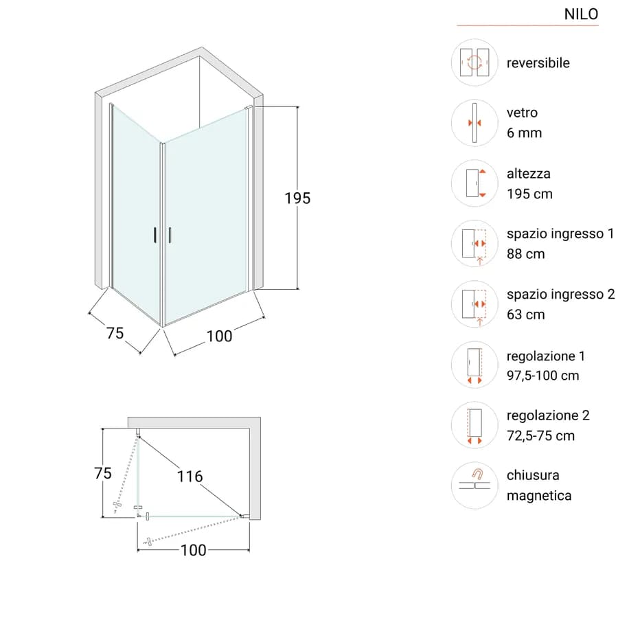 Box doccia 100X75 cm doppio battente con vetro temperato fumé e profilo nero opaco 195h - Nilo