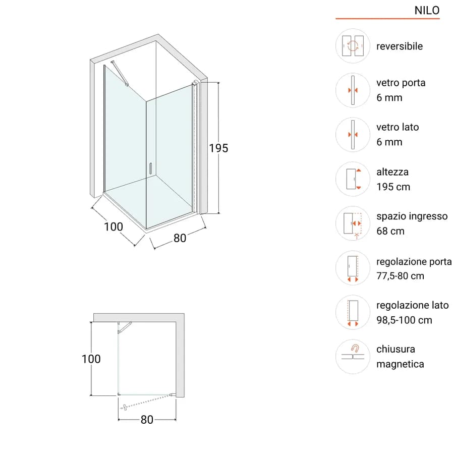 Box doccia 100x80 cm battente 80 cm con vetro temperato fumé e profilo cromo 195h - Nilo