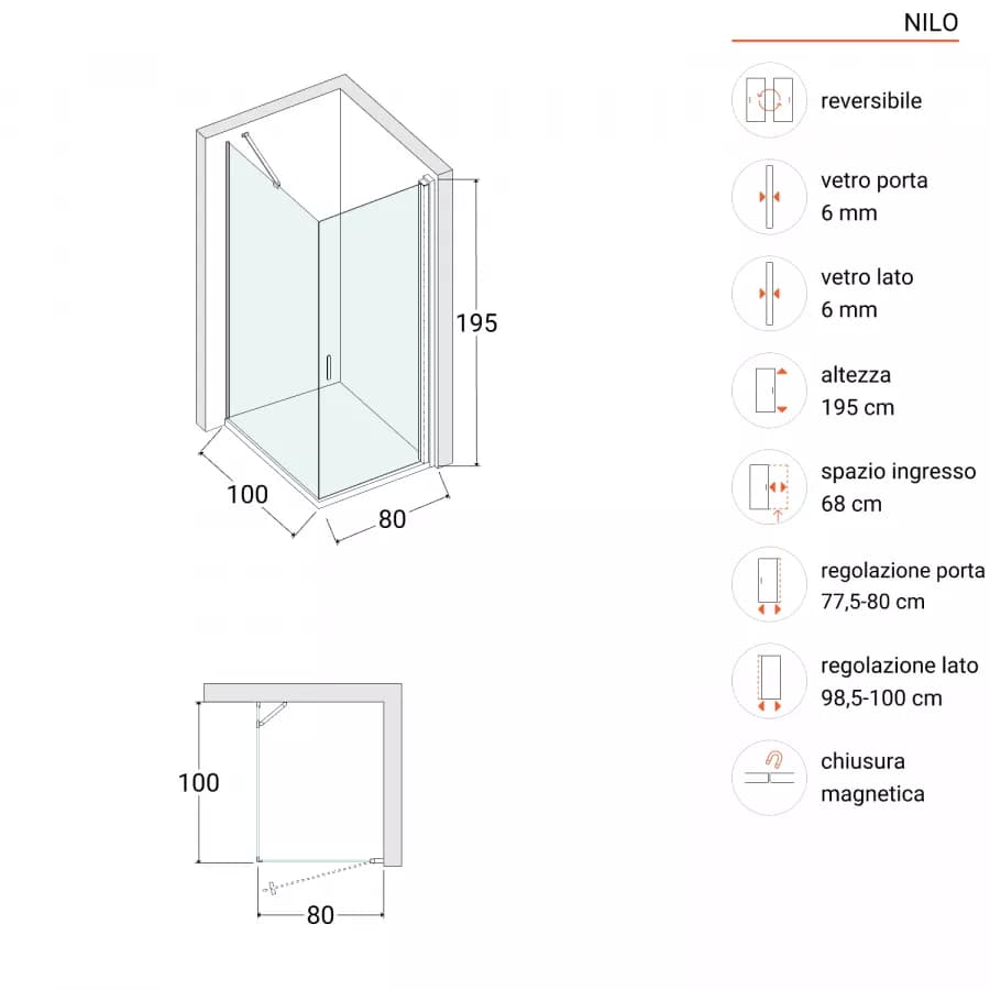 Box doccia 100X80 cm battente 80 cm con vetro temperato fumé e profilo nero 195h - Nilo