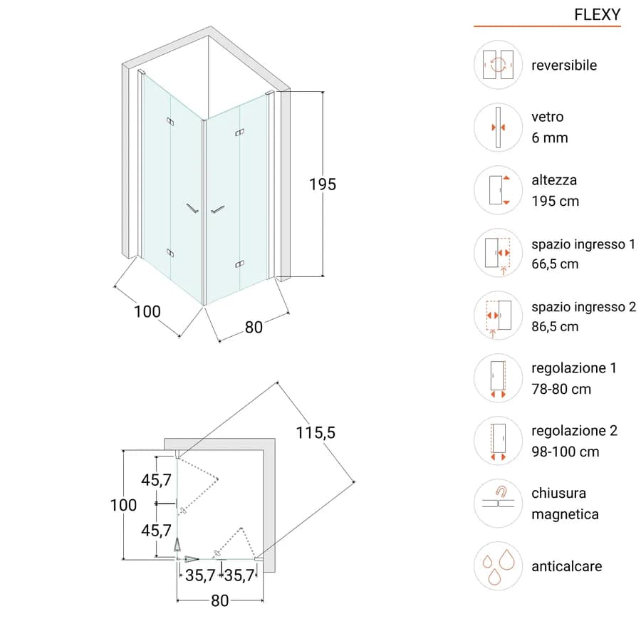 Box doccia 80x100 cm doppio soffietto vetro anticalcare opaco profilo cromo 195h - Flexy
