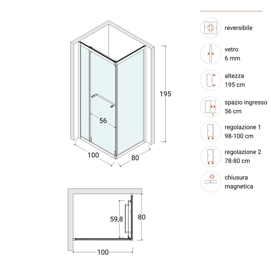 Box doccia 100x80 cm rototraslante con vetro temperato trasparente e profilo nero 195h - Nook
