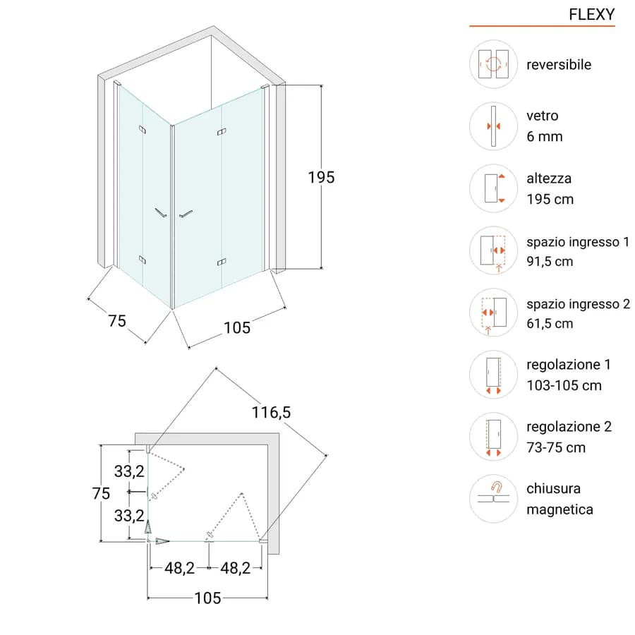 Box doccia 75x105 cm doppio soffietto vetro anticalcare trasparente profilo cromo 195h - Flexy