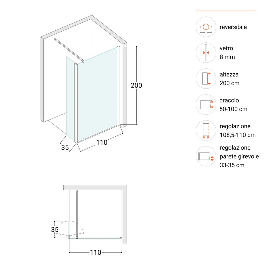 Box doccia walk-in 110 cm con anta girevole 35 cm vetro anticalcare trasparente e profilo cromo 200h - Keep