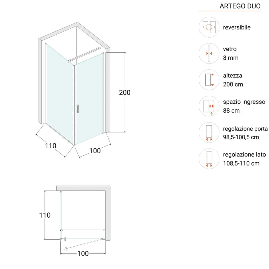 Box doccia 110X100 cm lato fisso specchiato con battente e profilo cromo 200h - Artego Duo