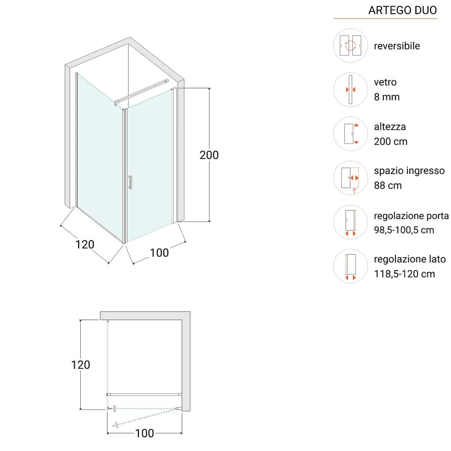 Box doccia 120X100 cm lato fisso specchiato con battente e profilo nero 200h - Artego Duo