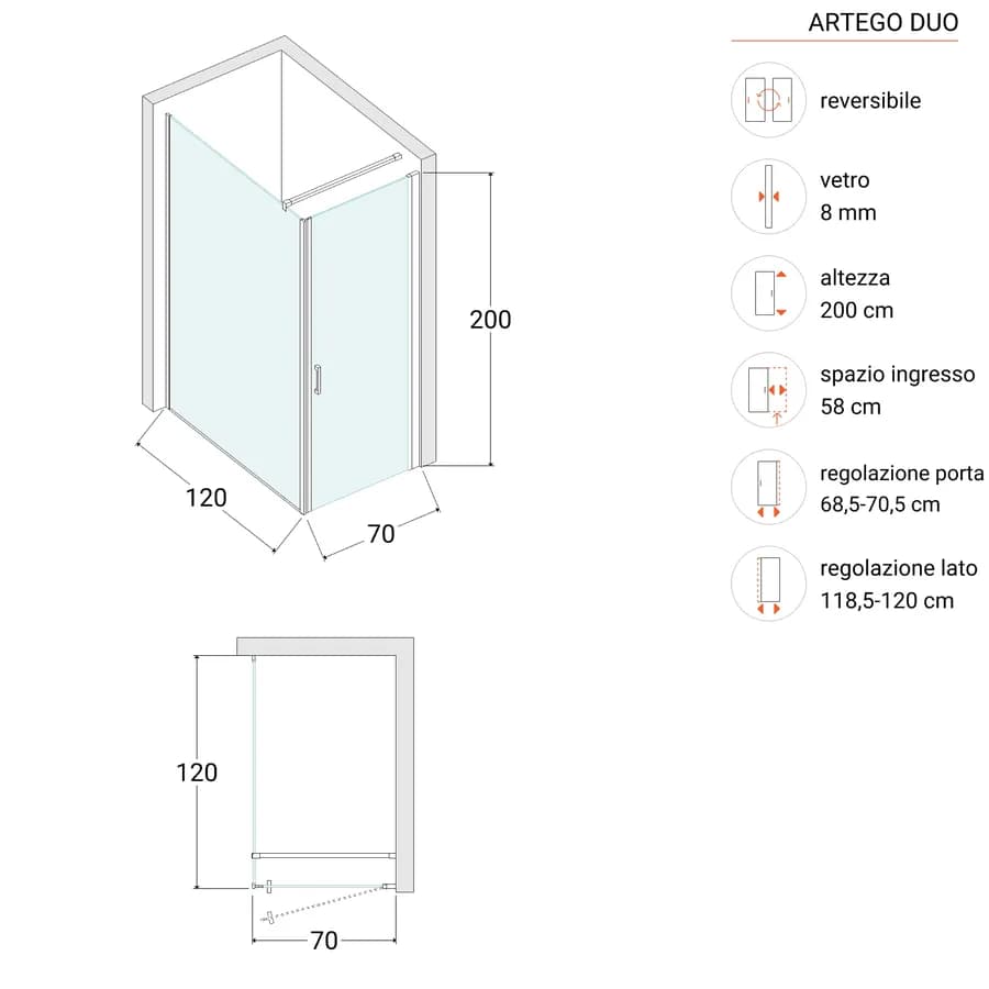 Box doccia 120X70 cm lato fisso specchiato con battente e profilo nero 200h - Artego Duo