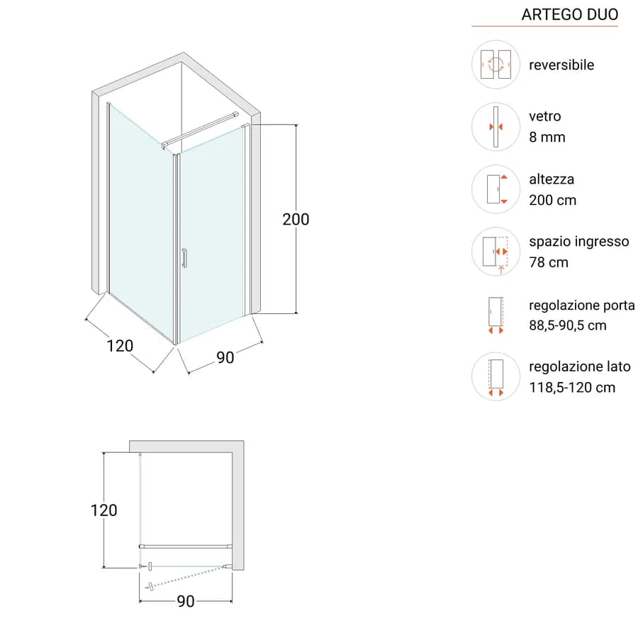 Box doccia 120X90 cm lato fisso specchiato con battente e profilo nero 200h - Artego Duo