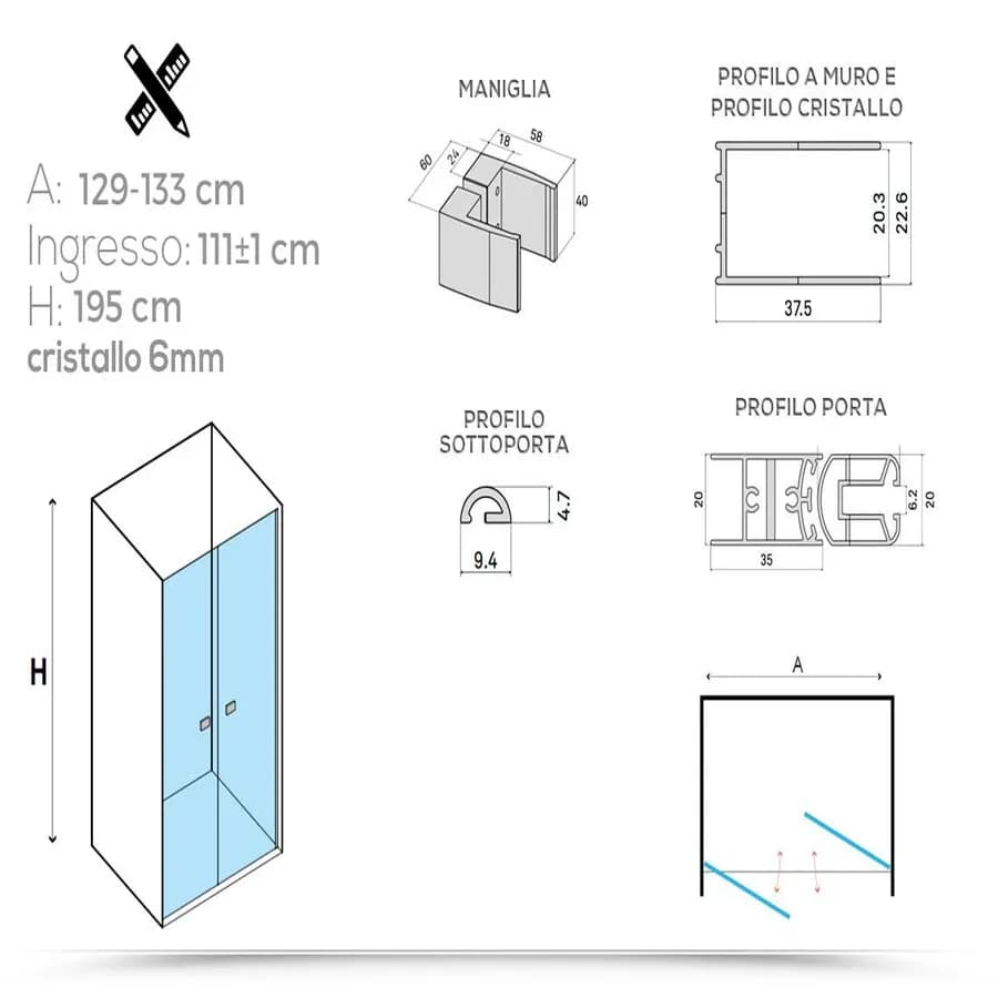 Box doccia nicchia 131 cm saloon in cristallo anticalcare trasparente 195h - Tempo Evo